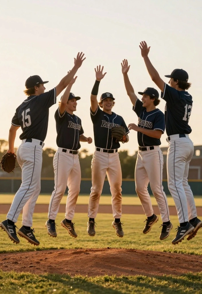 Creative Baseball Senior Picture Poses for Male Athletes - 7. Teammate Celebration 1