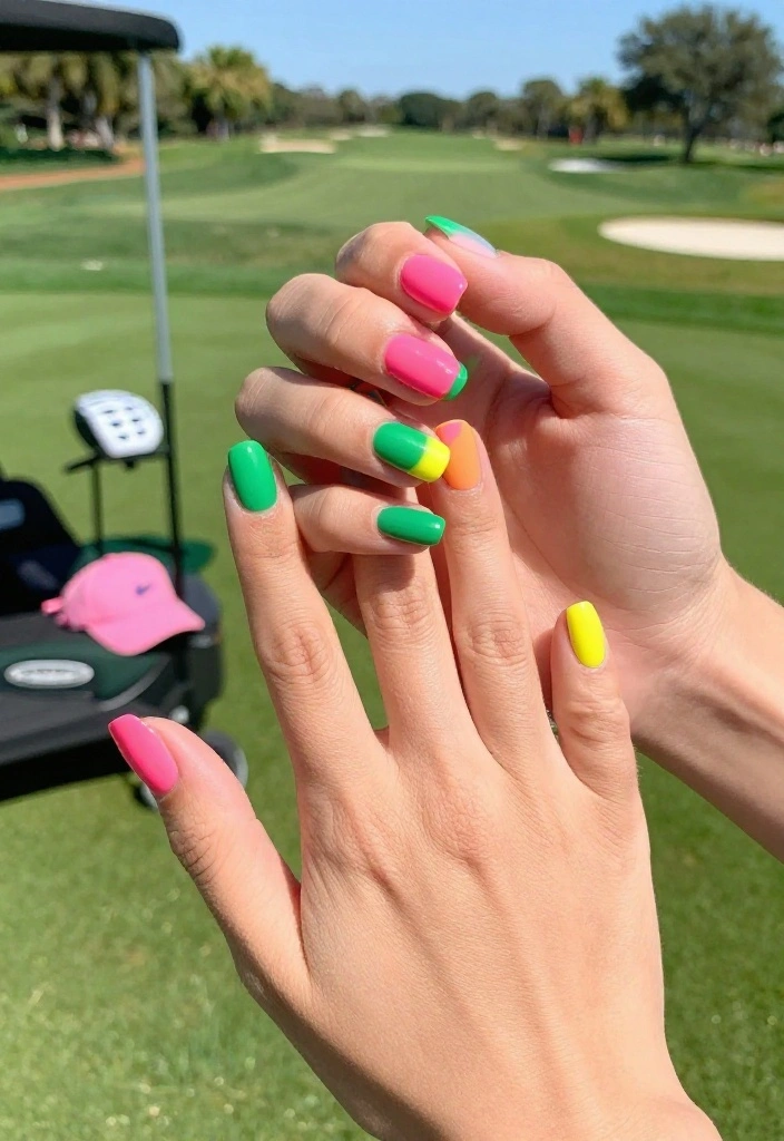 Cute Gel Golf Nails: Designs Inspired by the Golf Aesthetic - 7. Bright and Bold Color Blocking 1