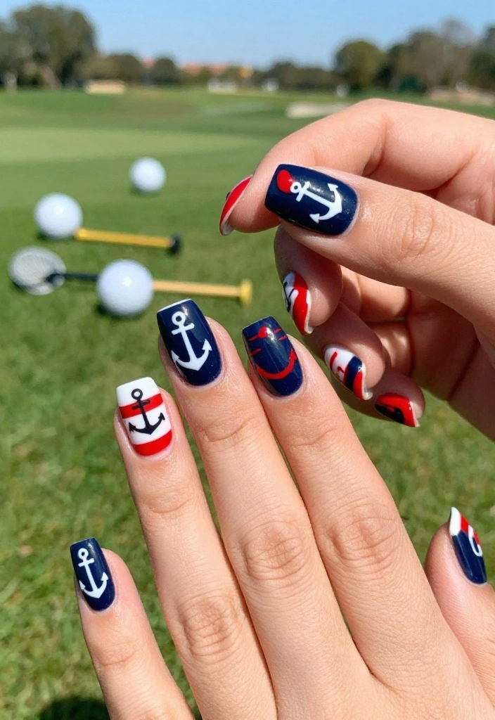 Masters Golf Nail Art Inspiration to Rock During Tournament Season - 8. Nautical-Inspired Golf Looks 1