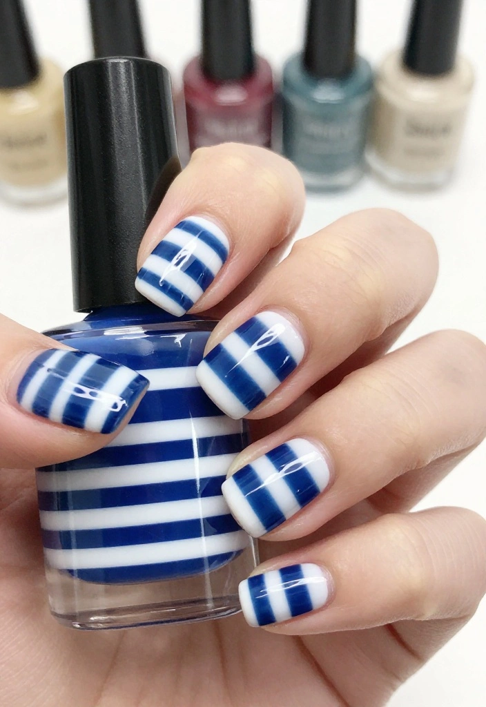 Short Nail Golf Designs That Are Clean and Chic - 3. Navy and White Stripes 1