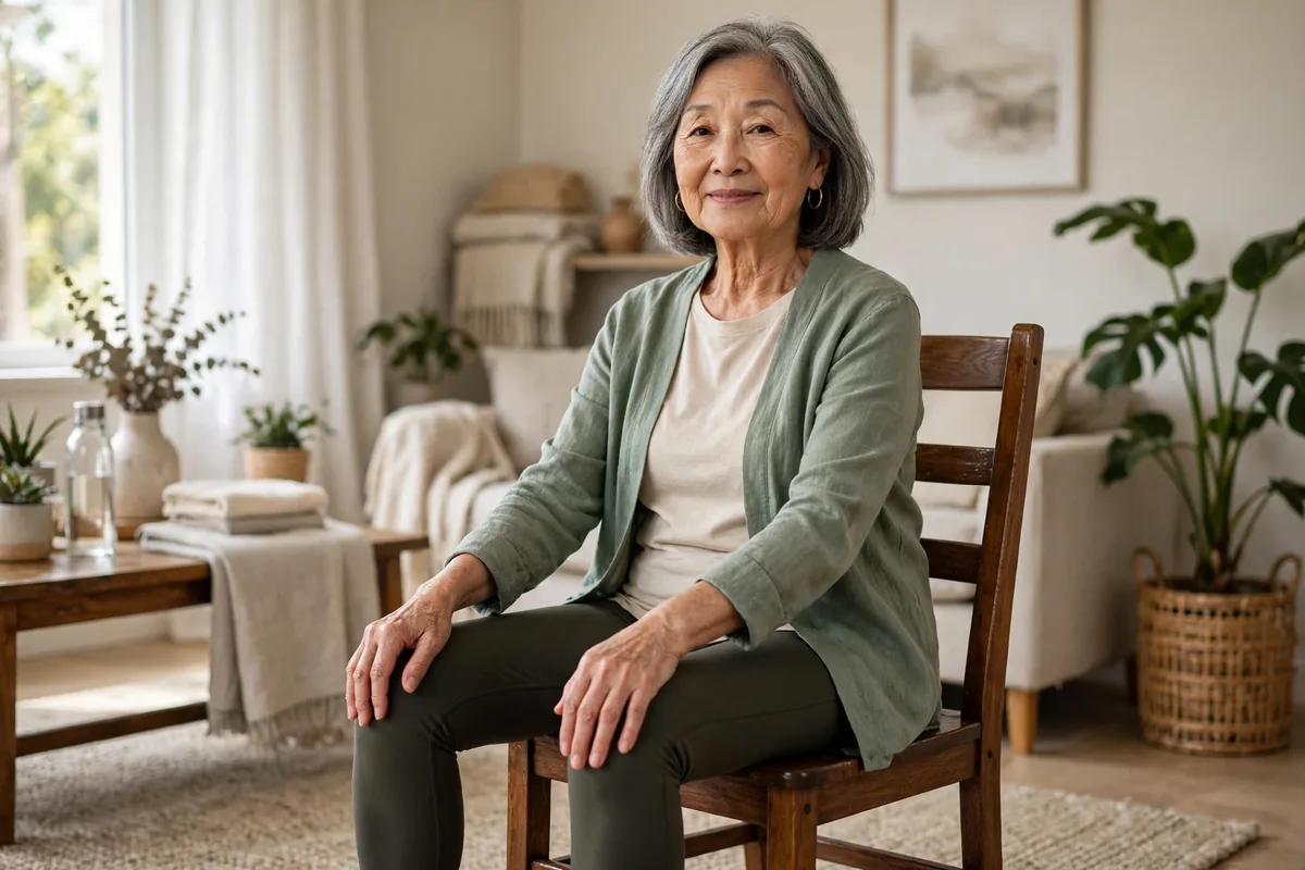 Older woman doing a gentle seated yoga stretch with hands on knees