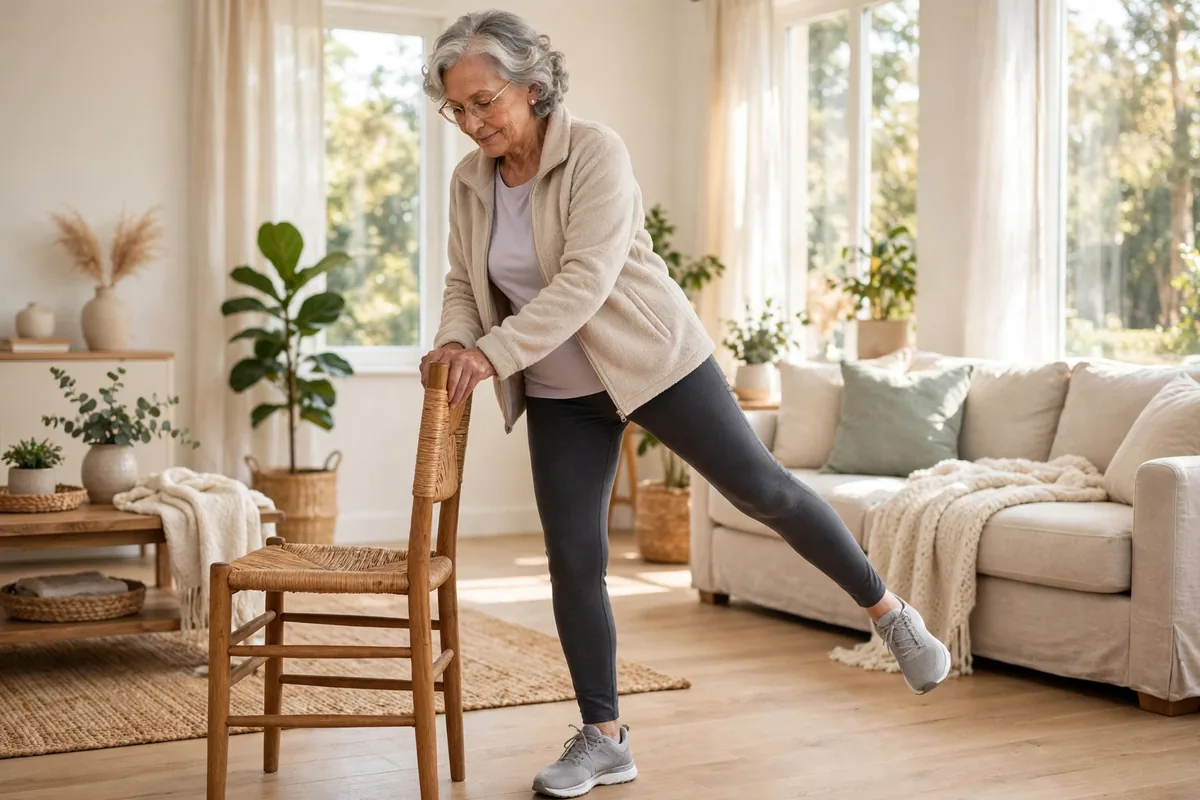 Older adult doing gentle standing leg exercise holding a chair