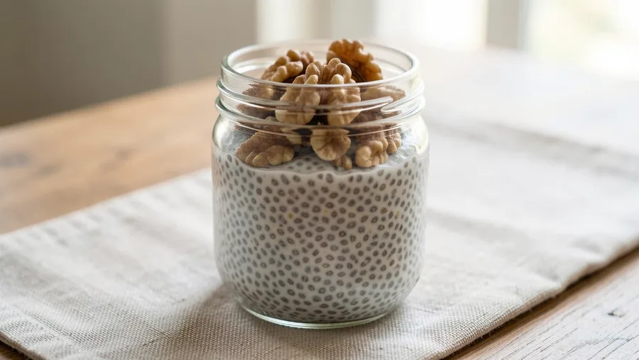 Warm Chia Seed Pudding Topped With Walnuts