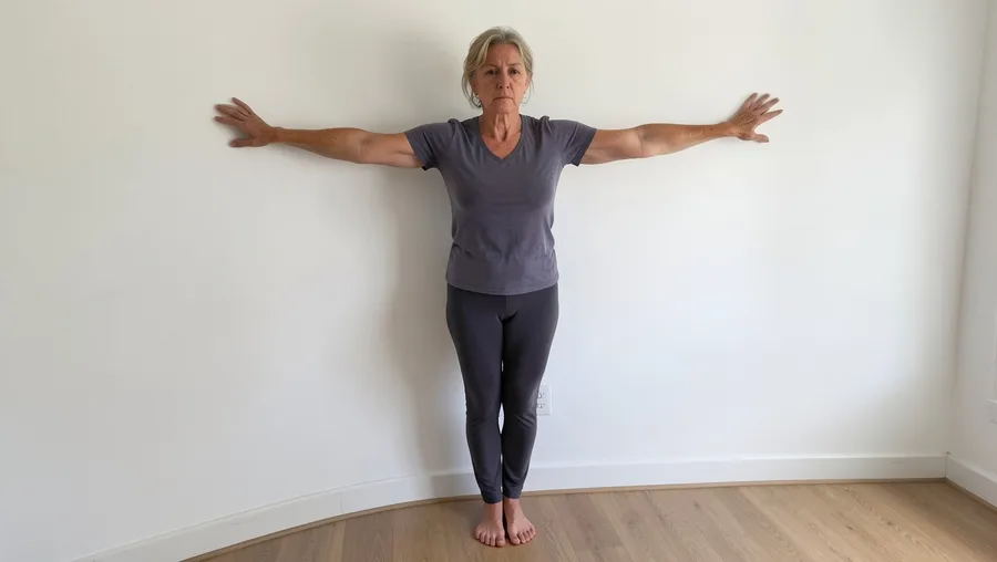 A 58-year-old woman performing a wall angel exercise, arms in a W shape against a white wall, focused expression, barefoot, n