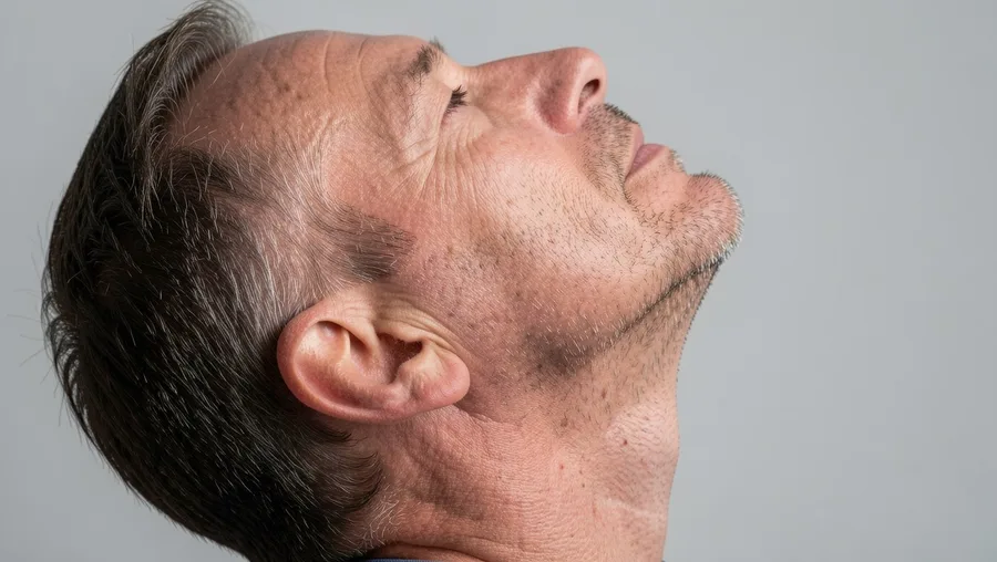 Side-profile close-up of a 58-year-old man doing a chin tuck, head retracted back, focused on neck alignment, neutral studio 