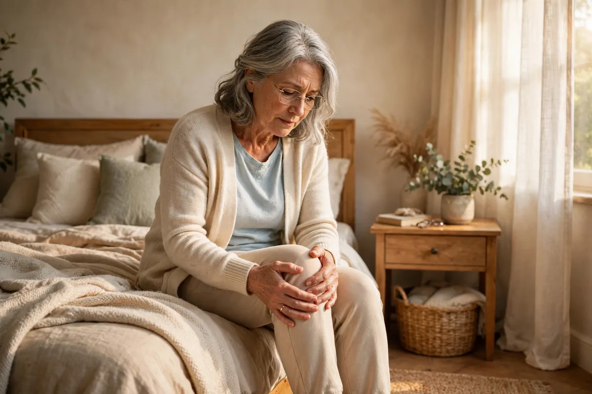 Senior woman holding her sore knee sitting on bed in morning light
