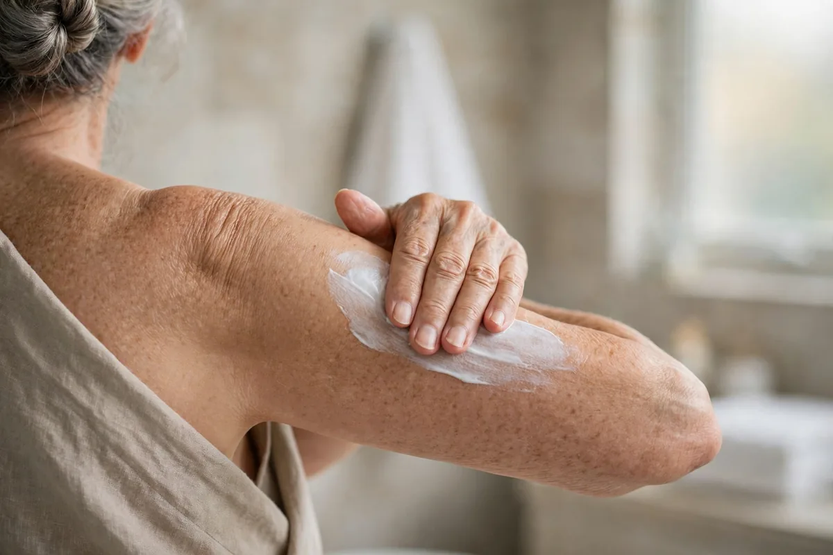 Older woman gently smoothing white cream onto her arm with an open palm