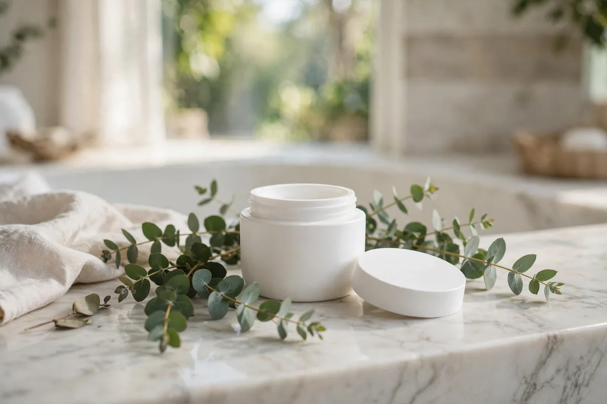 White moisturizer jar with lid beside it on a marble vanity with eucalyptus
