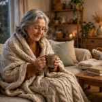 Senior woman wrapped in a knitted blanket holding a hot drink on a couch