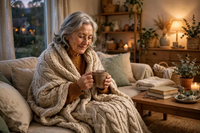Senior woman wrapped in a knitted blanket holding a hot drink on a couch