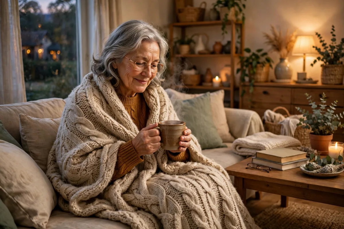 Senior woman wrapped in a knitted blanket holding a hot drink on a couch