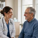 Doctor talking warmly with a senior patient in a bright clinic
