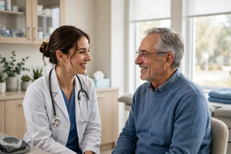Doctor talking warmly with a senior patient in a bright clinic