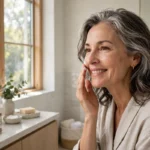 Smiling woman in her late 50s applying moisturizer to her cheek in a bright bathroom with skincare bottles on the counter