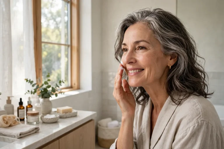 Smiling woman in her late 50s applying moisturizer to her cheek in a bright bathroom with skincare bottles on the counter
