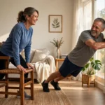 A man and woman in their late 50s doing a home strength workout with a chair and wall