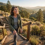 Woman in her late 50s walking up outdoor stairs in morning light with a hand on her knee