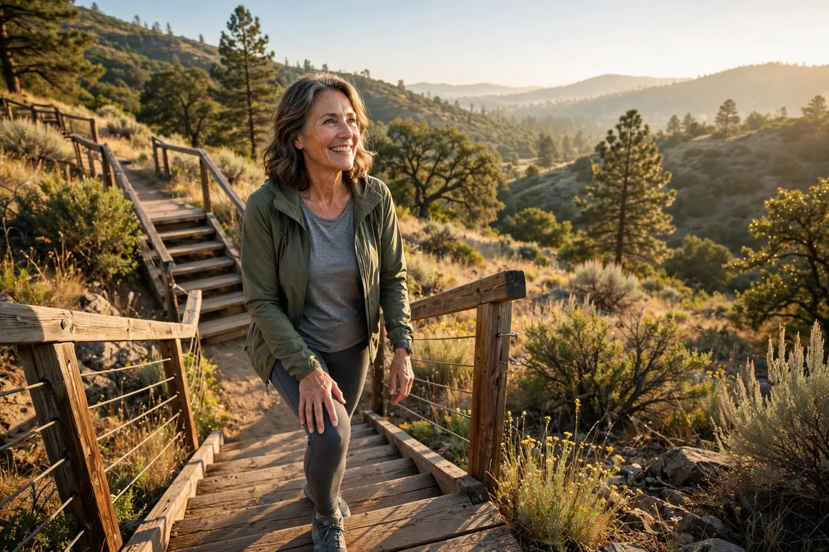Woman in her late 50s walking up outdoor stairs in morning light with a hand on her knee