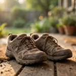 Well-worn comfortable walking shoes resting on a wooden doorstep in warm morning light