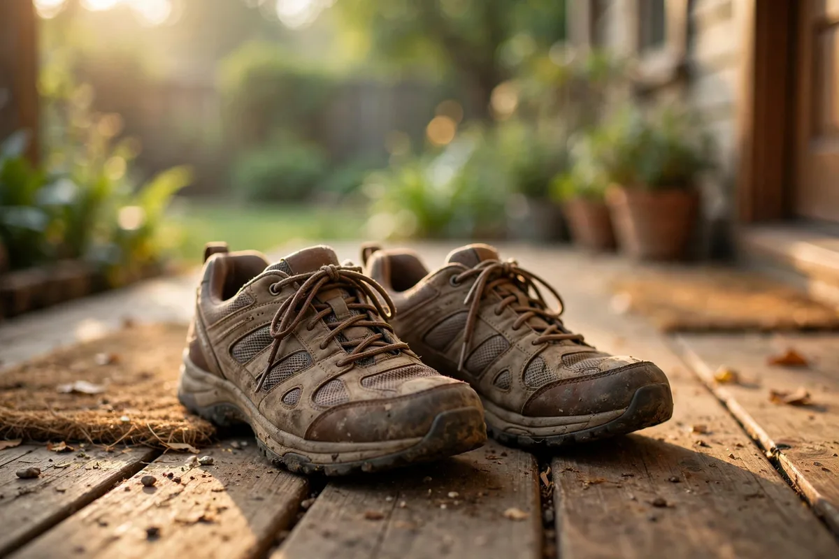 Well-worn comfortable walking shoes resting on a wooden doorstep in warm morning light