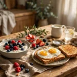 Healthy protein-rich breakfast of eggs, yogurt with berries and whole grain toast in morning light