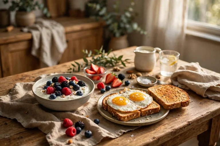 Healthy protein-rich breakfast of eggs, yogurt with berries and whole grain toast in morning light