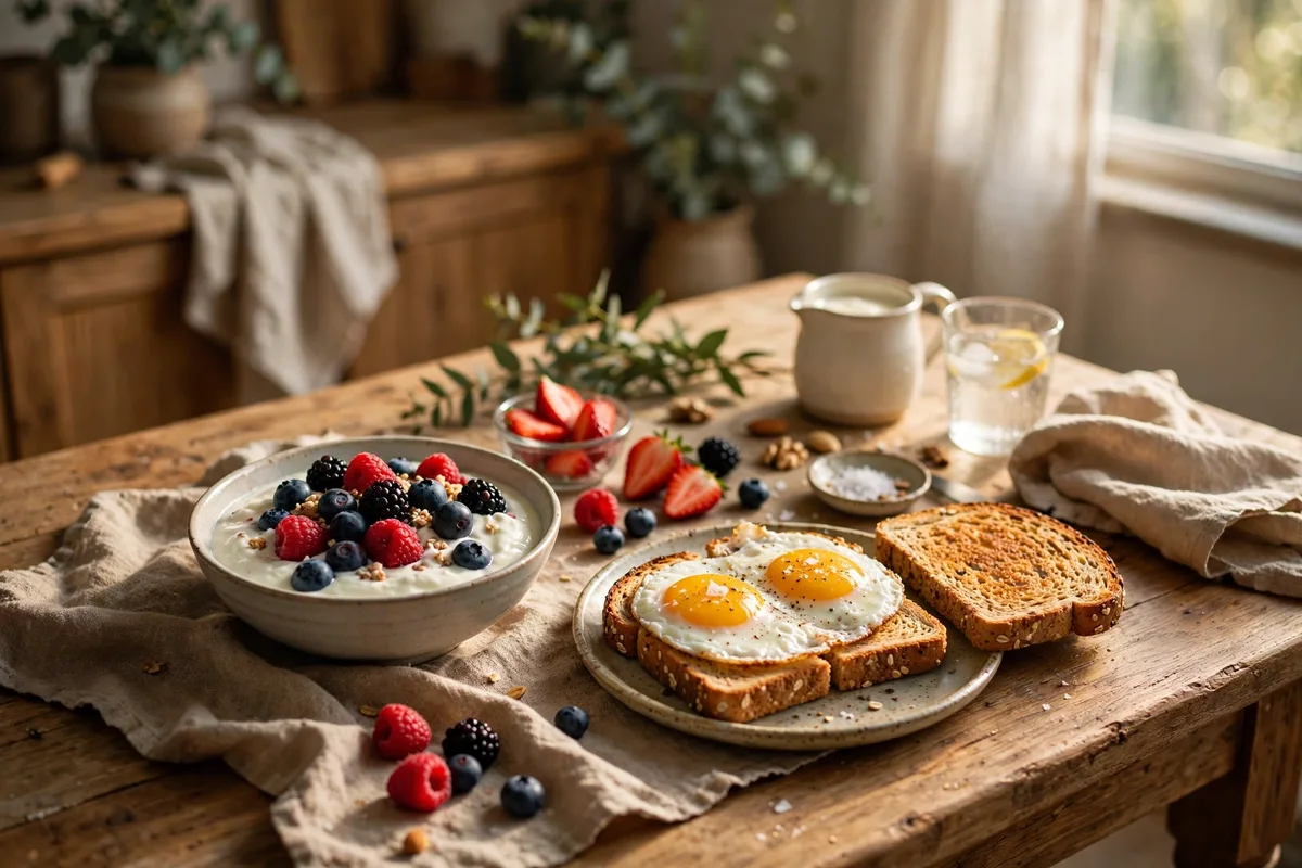 Healthy protein-rich breakfast of eggs, yogurt with berries and whole grain toast in morning light