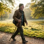 Older man walking confidently on a park path with a walking stick in morning light