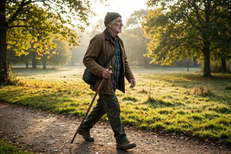 Older man walking confidently on a park path with a walking stick in morning light
