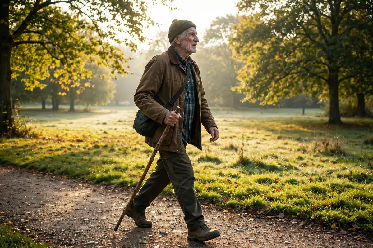 Older man walking confidently on a park path with a walking stick in morning light