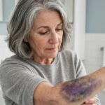 Senior woman examining a large purple bruise on her forearm