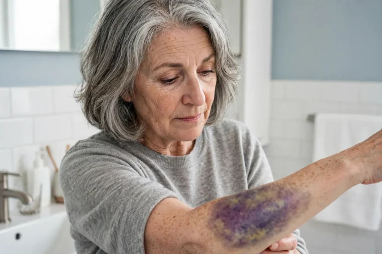Senior woman examining a large purple bruise on her forearm
