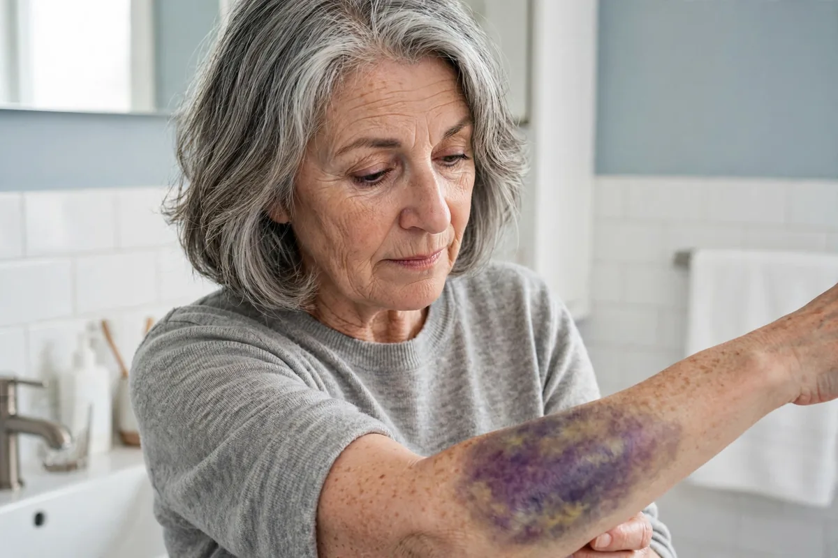 Senior woman examining a large purple bruise on her forearm