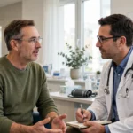 Middle-aged man in his 50s talking with his doctor in a bright clinic office