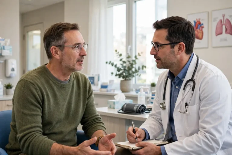 Middle-aged man in his 50s talking with his doctor in a bright clinic office