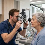 Senior woman having her eyes examined by an optometrist in a bright clinic