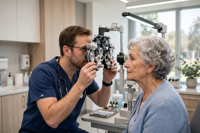 Senior woman having her eyes examined by an optometrist in a bright clinic