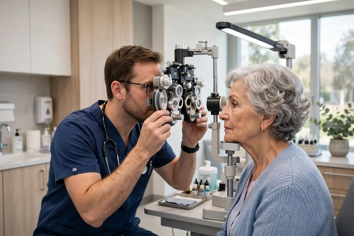 Senior woman having her eyes examined by an optometrist in a bright clinic
