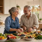 Senior couple preparing a colorful healthy lunch together in a bright kitchen
