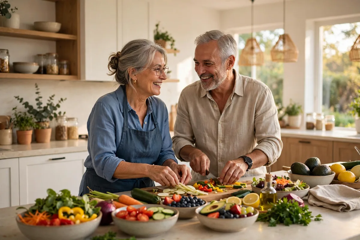 Senior couple preparing a colorful healthy lunch together in a bright kitchen