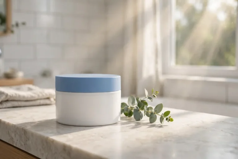 A plain blue and white moisturizer tub on a bright bathroom counter in morning sunlight