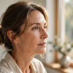 Woman in her late 40s gazing thoughtfully out a bright window