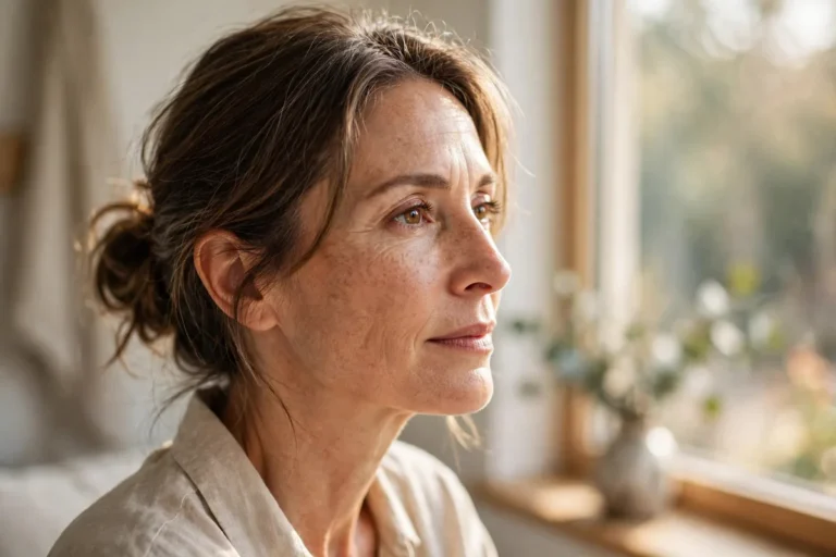Woman in her late 40s gazing thoughtfully out a bright window