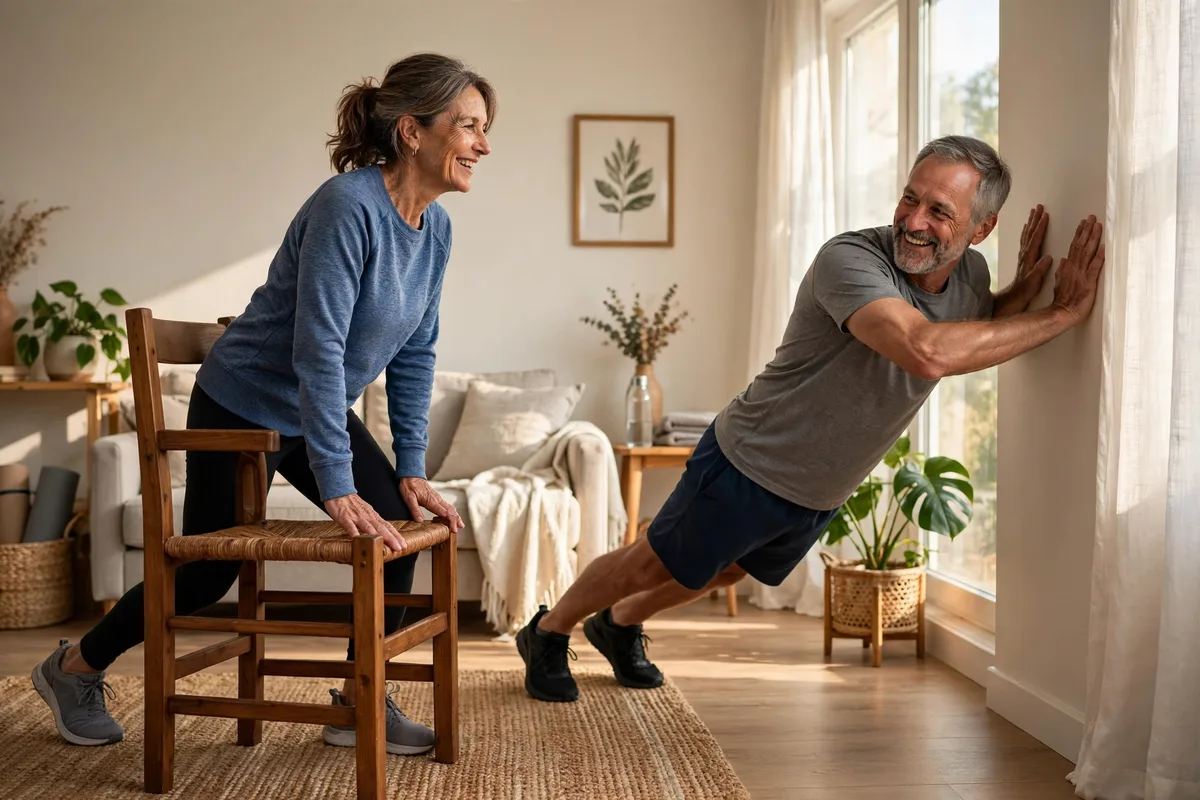 A man and woman in their late 50s doing a home strength workout with a chair and wall