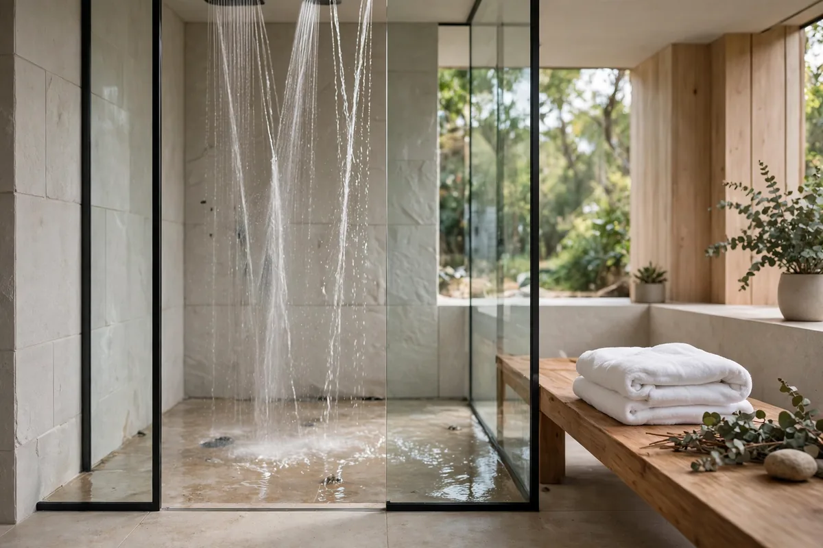 Modern shower with gentle water streams and folded white towels on a bench