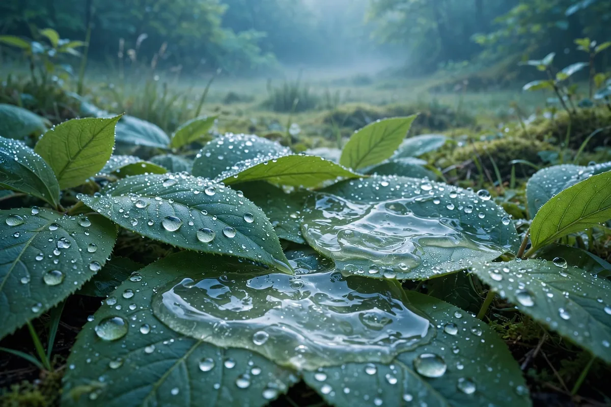 Water droplets and glistening serum gel on fresh green leaves
