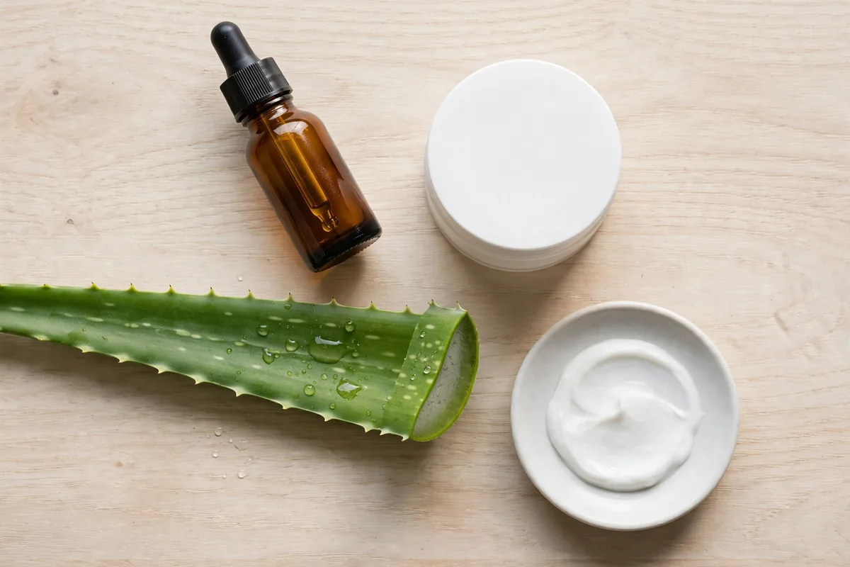 Skincare ingredients flat lay with serum bottle, cream jar, aloe leaf and dish of cream