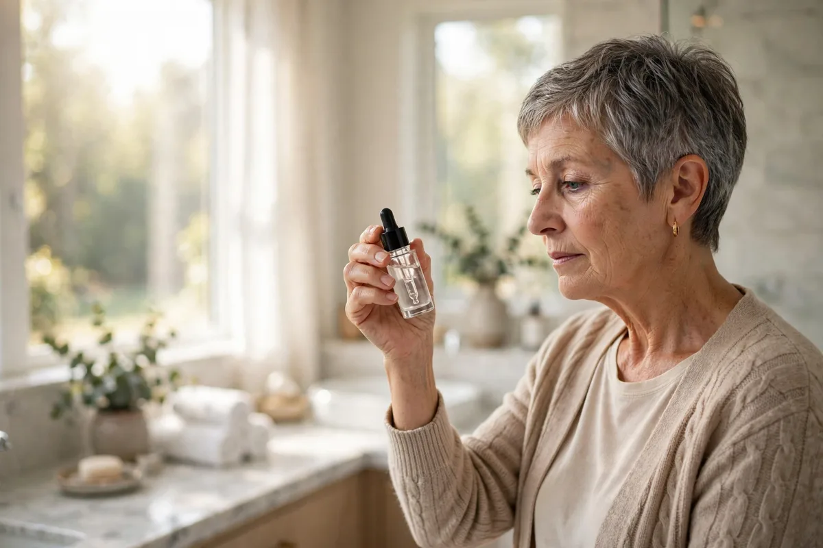 Woman in her 60s reading the label of a skincare serum bottle in a sunlit bathroom