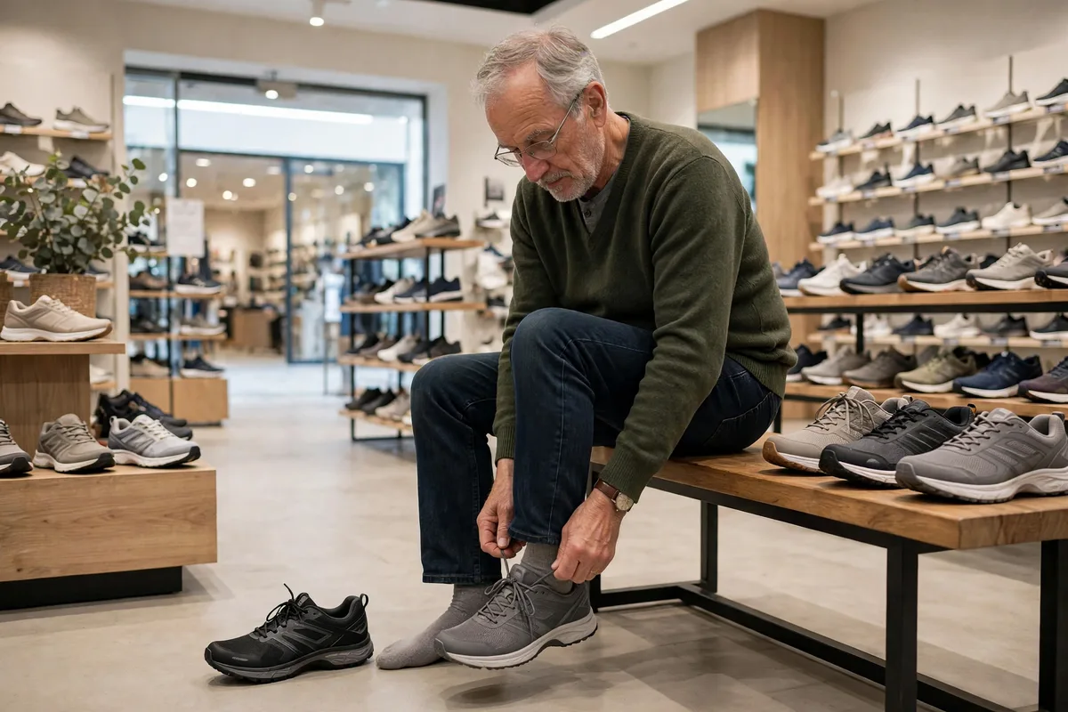 Older man trying on a walking shoe while sitting on a bench in a bright shoe store