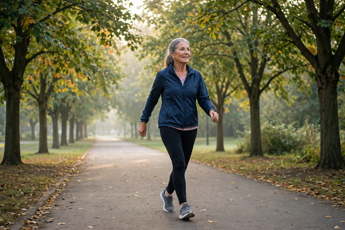 Older woman taking a brisk morning walk on a tree-lined park path